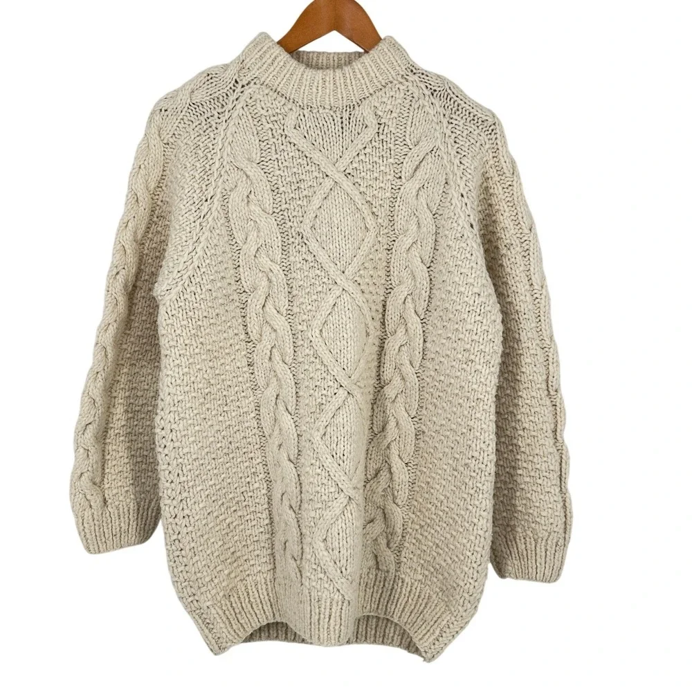 Rey Wear Handmade Wool Cable Knit Sweater Mens L Cream Heavy Fisherman 7201